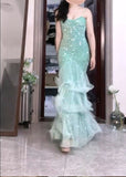 Mint Green Mermaid Spaghetti Strap Sequined Tulle Ball Dress Backless Evening Gown HZ1024