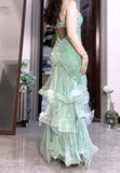Mint Green Mermaid Spaghetti Strap Sequined Tulle Ball Dress Backless Evening Gown HZ1024