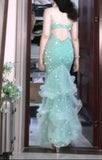 Mint Green Mermaid Spaghetti Strap Sequined Tulle Ball Dress Backless Evening Gown HZ1024