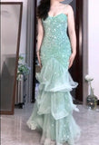 Mint Green Mermaid Spaghetti Strap Sequined Tulle Ball Dress Backless Evening Gown HZ1024
