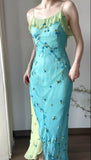 Spaghetti Strap Chiffon Sheath Ruffle Beaded Blue and Green Spliced Ball Dress Party Birthday Dress HZ1024