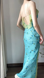 Spaghetti Strap Chiffon Sheath Ruffle Beaded Blue and Green Spliced Ball Dress Party Birthday Dress HZ1024