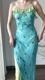 Spaghetti Strap Chiffon Sheath Ruffle Beaded Blue and Green Spliced Ball Dress Party Birthday Dress HZ1024