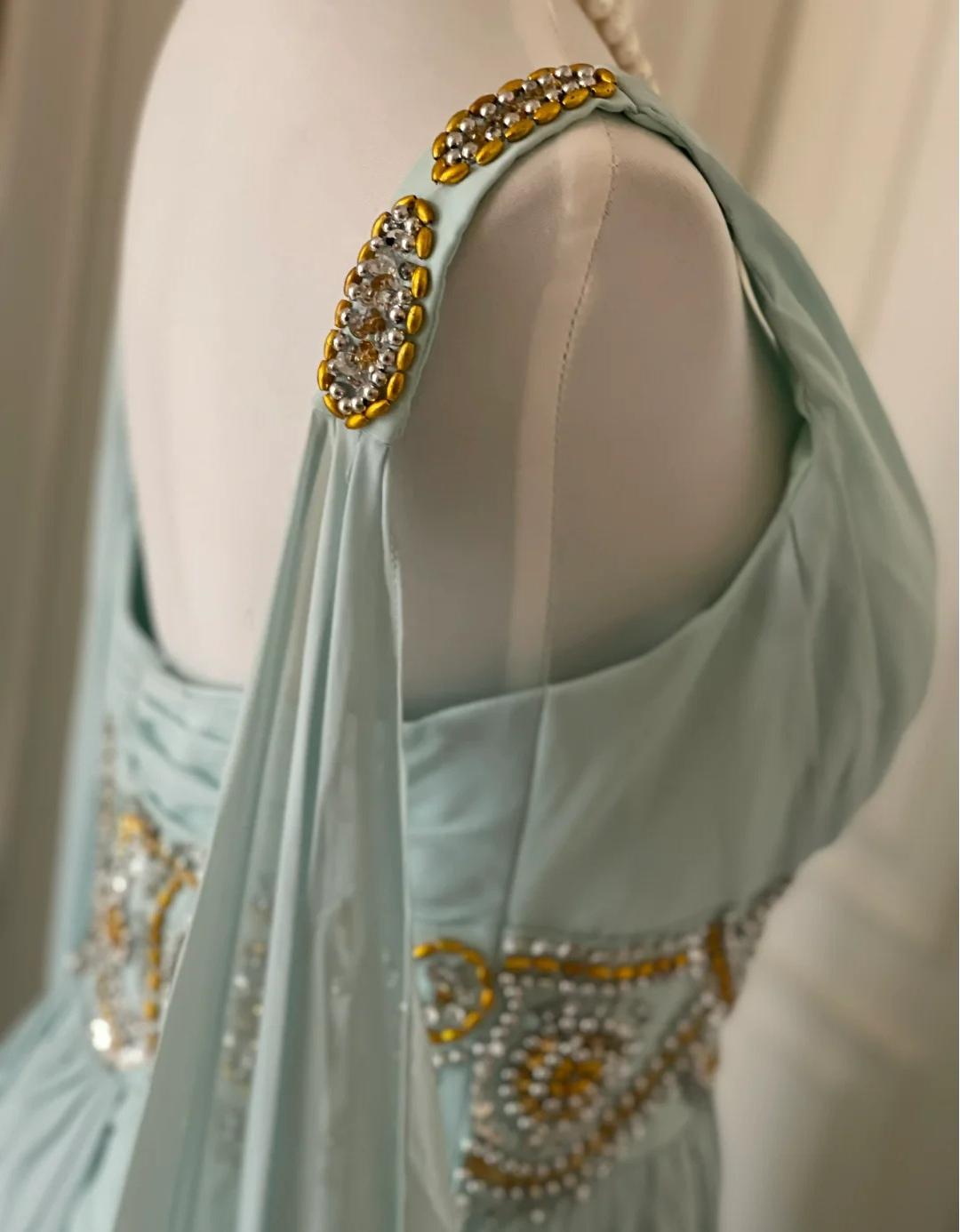 Tiffany Blue V-neck A-Line Beaded Chiffon Long Prom Dress Evening Dress Wedding Dress HZ1024