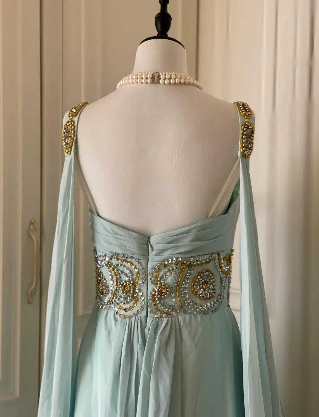 Tiffany Blue V-neck A-Line Beaded Chiffon Long Prom Dress Evening Dress Wedding Dress HZ1024