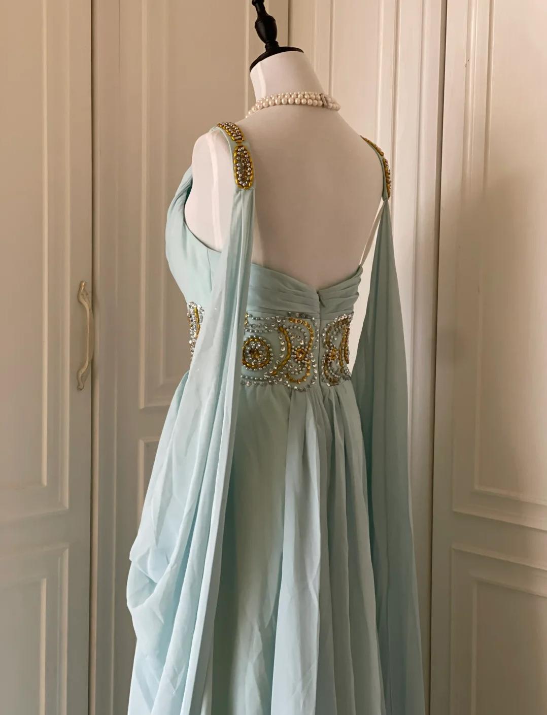 Tiffany Blue V-neck A-Line Beaded Chiffon Long Prom Dress Evening Dress Wedding Dress HZ1024