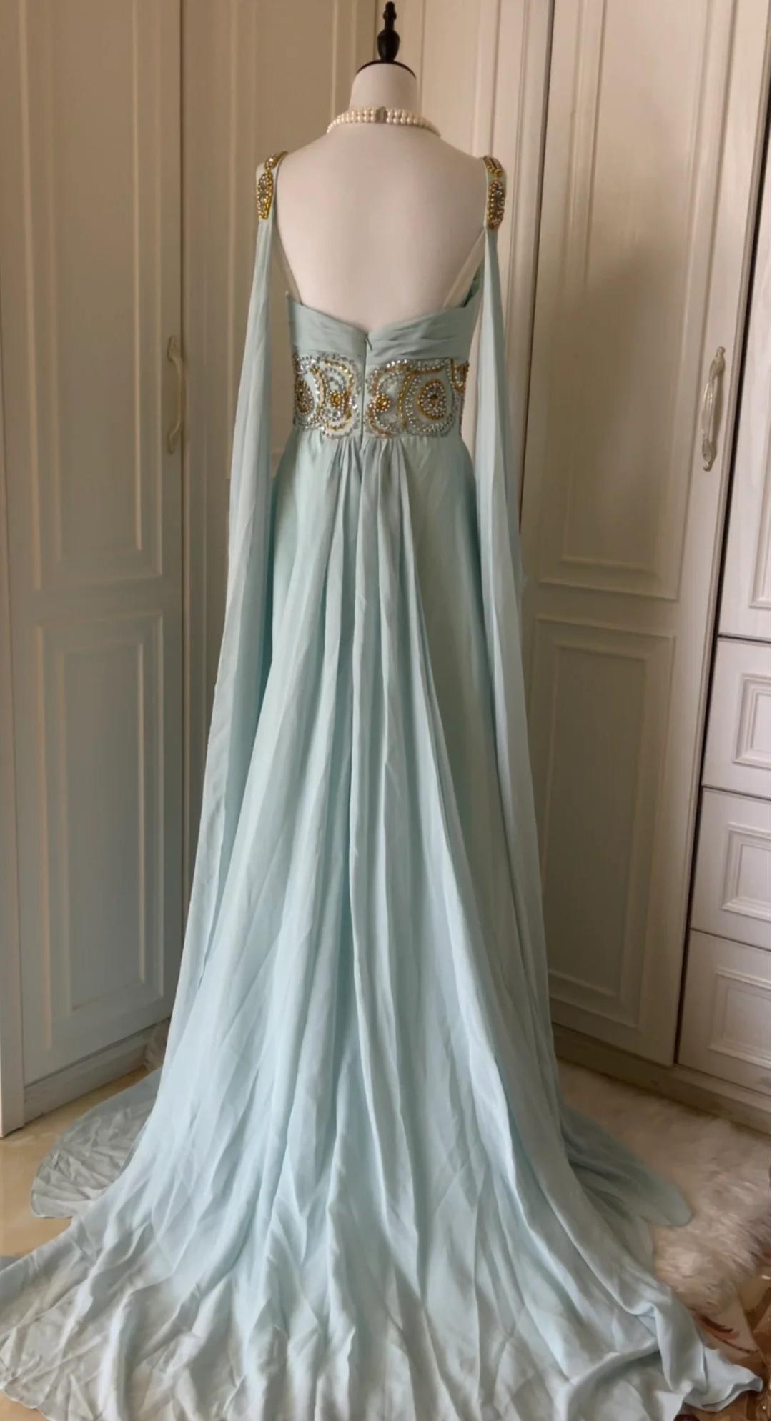 Tiffany Blue V-neck A-Line Beaded Chiffon Long Prom Dress Evening Dress Wedding Dress HZ1024