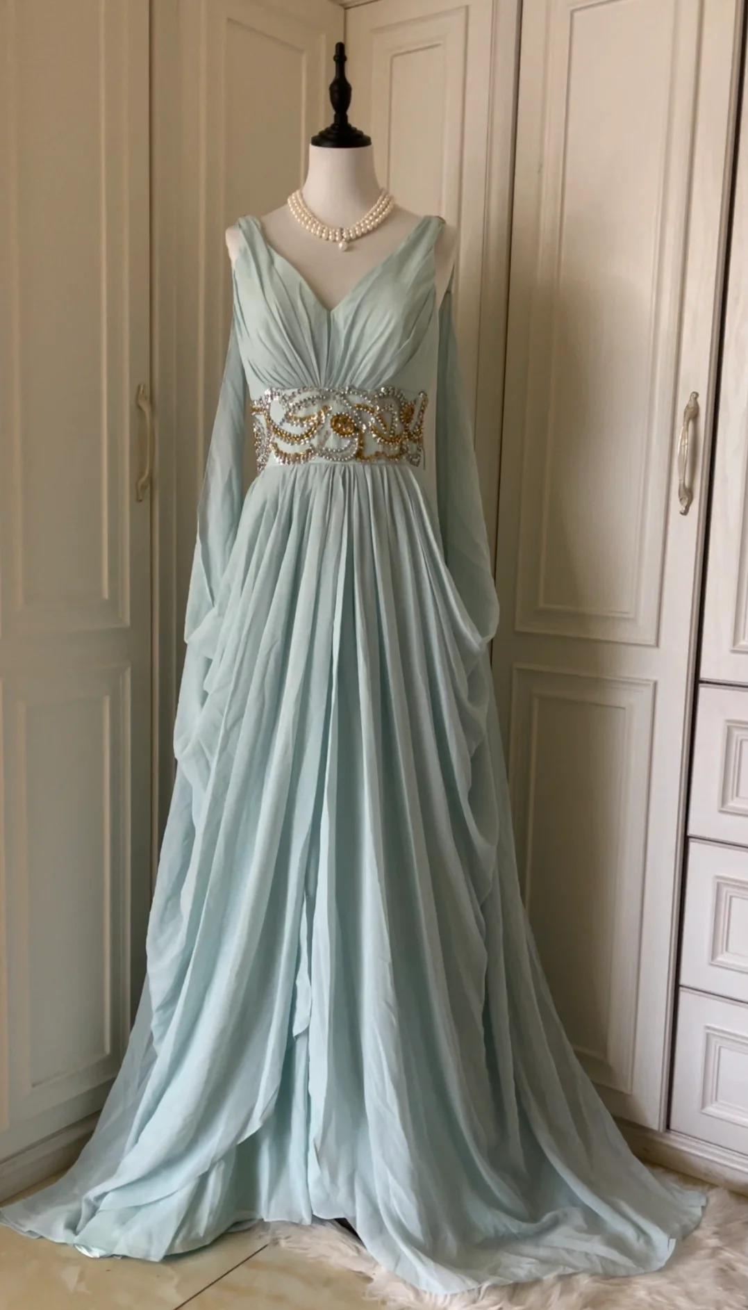 Tiffany Blue V-neck A-Line Beaded Chiffon Long Prom Dress Evening Dress Wedding Dress HZ1024