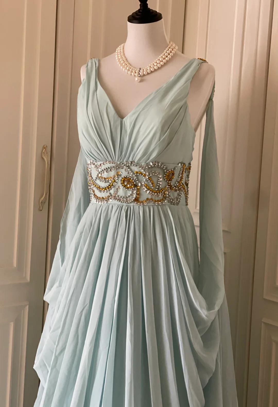 Tiffany Blue V-neck A-Line Beaded Chiffon Long Prom Dress Evening Dress Wedding Dress HZ1024