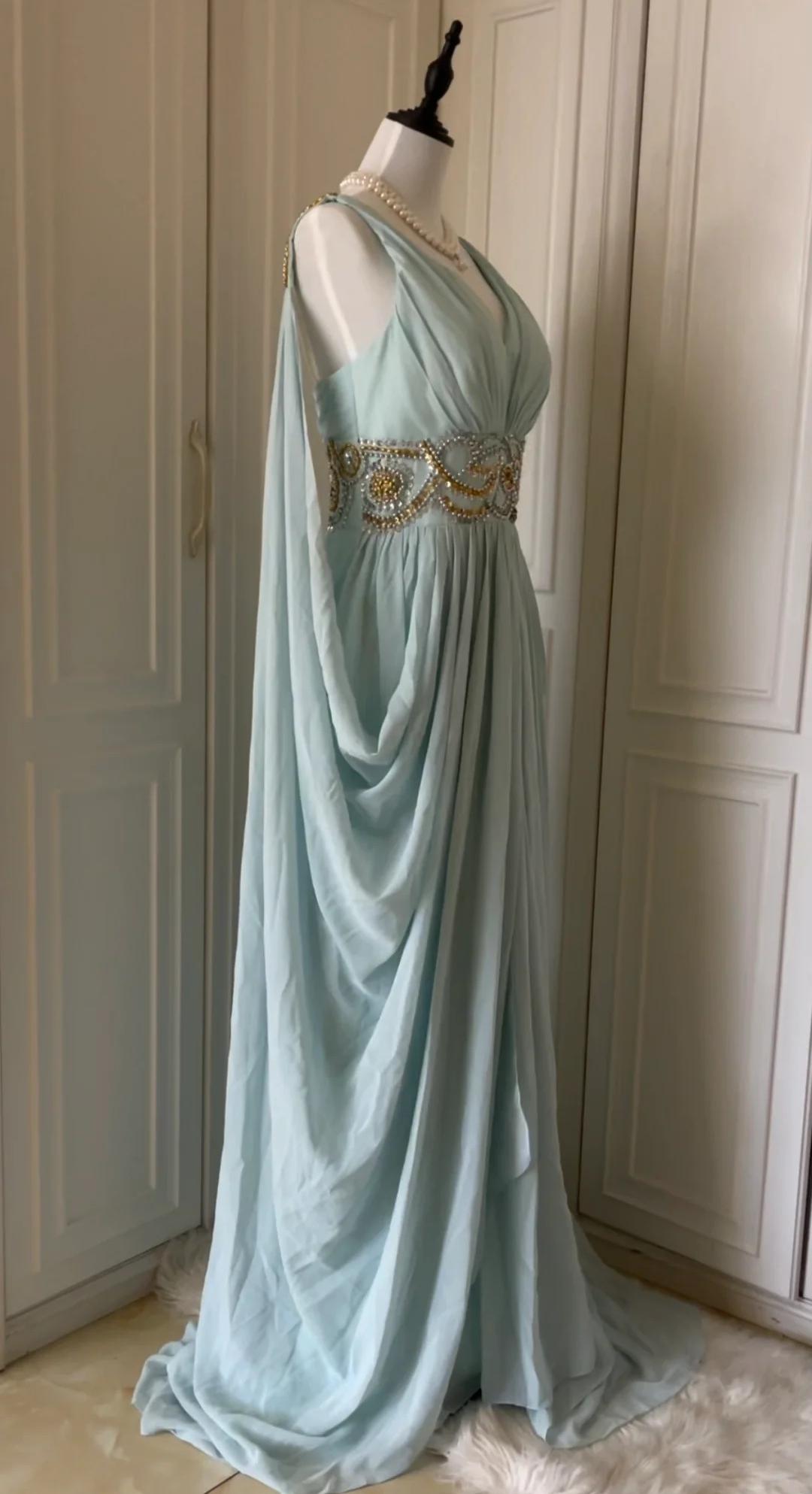 Tiffany Blue V-neck A-Line Beaded Chiffon Long Prom Dress Evening Dress Wedding Dress HZ1024