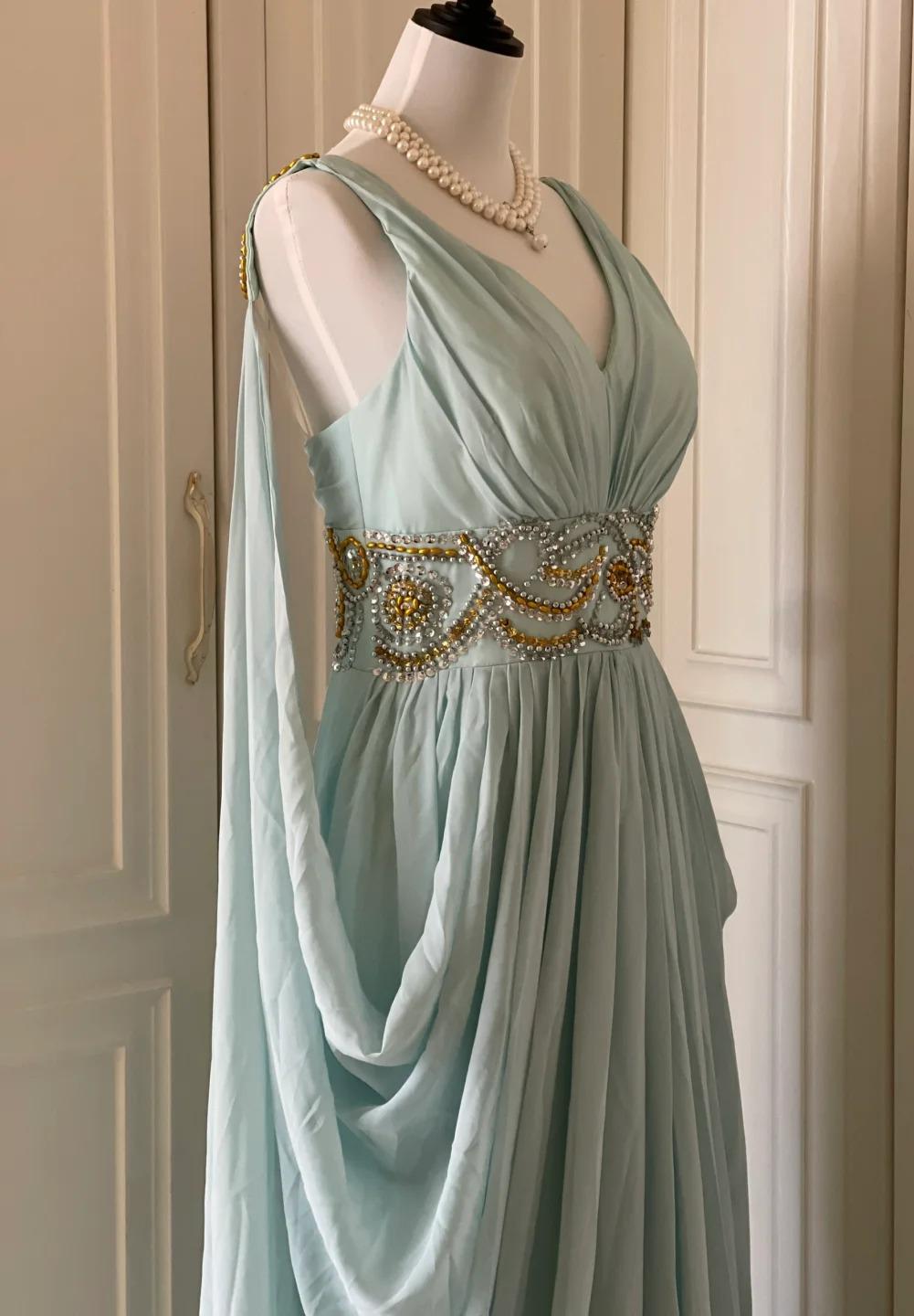 Tiffany Blue V-neck A-Line Beaded Chiffon Long Prom Dress Evening Dress Wedding Dress HZ1024