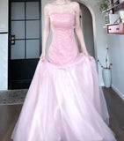 Pink Strapless A-Line Tulle Sequined Long Ball Dress Birthday Evening Dress HZ1024