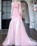 Pink Strapless A-Line Tulle Sequined Long Ball Dress Birthday Evening Dress HZ1024