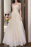 White Spaghetti Strap A-Line Tulle Sequin Long Prom Dress Simple Birthday Graduation Dress HZ1024