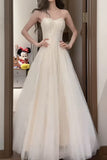 White Spaghetti Strap A-Line Tulle Sequin Long Prom Dress Simple Birthday Graduation Dress HZ1024