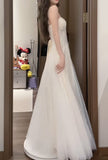 White Spaghetti Strap A-Line Tulle Sequin Long Prom Dress Simple Birthday Graduation Dress HZ1024