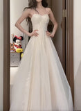 White Spaghetti Strap A-Line Tulle Sequin Long Prom Dress Simple Birthday Graduation Dress HZ1024