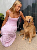 Mermaid Spaghetti Straps Floor Length Sleeveless Pink Prom Dress HZ1024