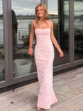 Mermaid Spaghetti Straps Floor Length Sleeveless Pink Prom Dress HZ1024