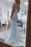 Spaghetti Straps Long Mermaid Sequins Party Prom Dress HZ1024