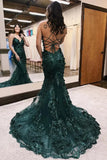 Green Mermaid Spaghetti Straps Tulle Sequins Long Prom Dress With Appliques Evening Gown HZ1024