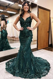 Green Mermaid Spaghetti Straps Tulle Sequins Long Prom Dress With Appliques Evening Gown HZ1024