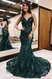 Green Mermaid Spaghetti Straps Tulle Sequins Long Prom Dress With Appliques Evening Gown HZ1024