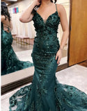Green Mermaid Spaghetti Straps Tulle Sequins Long Prom Dress With Appliques Evening Gown HZ1024