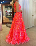 A-Line One Shoulder Sequin Lace Long Prom Dresses Floor Length Sparkly Evening Dress HZ1024