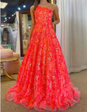 A-Line One Shoulder Sequin Lace Long Prom Dresses Floor Length Sparkly Evening Dress HZ1024