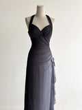 Gradient Dark Gray Halter Neck Ruffle Sheath Prom Dress Birthday Dress HZ1024