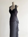 Gradient Dark Gray Halter Neck Ruffle Sheath Prom Dress Birthday Dress HZ1024