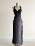 Gradient Dark Gray Halter Neck Ruffle Sheath Prom Dress Birthday Dress HZ1024