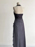 Gradient Dark Gray Halter Neck Ruffle Sheath Prom Dress Birthday Dress HZ1024