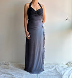 Gradient Dark Gray Halter Neck Ruffle Sheath Prom Dress Birthday Dress HZ1024