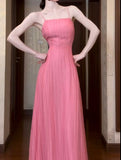 Pink A-Line Chiffon Spaghetti Strap Backless Long Prom Dress Party Dress HZ1024