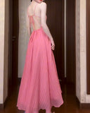 Pink A-Line Chiffon Spaghetti Strap Backless Long Prom Dress Party Dress HZ1024