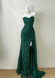 Dark Green Sweetheart Neck Mermaid Long Prom Dress Sequin Strapless Formal Evening Dress HZ1024