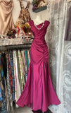 Dark Pink Mermaid Pleated Satin Irregular Neckline Ball Dress Birthday Dress HZ1024