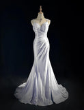 Spaghetti Strap Mermaid Glitter Satin Long Prom Backless Applique Evening Gown Simple Wedding Dress HZ1024