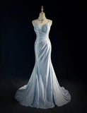 Spaghetti Strap Mermaid Glitter Satin Long Prom Backless Applique Evening Gown Simple Wedding Dress HZ1024