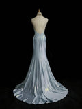 Spaghetti Strap Mermaid Glitter Satin Long Prom Backless Applique Evening Gown Simple Wedding Dress HZ1024