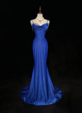 Blue Elegant Mermaid Satin Spaghetti Strap Long Prom Dress Beaded Formal Evening Gown HZ1024