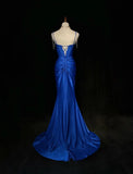 Blue Elegant Mermaid Satin Spaghetti Strap Long Prom Dress Beaded Formal Evening Gown HZ1024