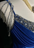 Blue Elegant Mermaid Satin Spaghetti Strap Long Prom Dress Beaded Formal Evening Gown HZ1024