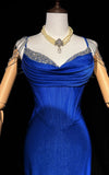 Blue Elegant Mermaid Satin Spaghetti Strap Long Prom Dress Beaded Formal Evening Gown HZ1024