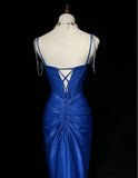 Blue Elegant Mermaid Satin Spaghetti Strap Long Prom Dress Beaded Formal Evening Gown HZ1024
