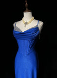 Blue Elegant Mermaid Satin Spaghetti Strap Long Prom Dress Beaded Formal Evening Gown HZ1024