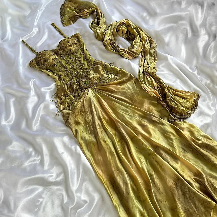 Gold Spaghetti Strap Silk Sheath Prom Dresses Beaded Evening Gowns with Scarf HZ1024