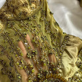 Gold Spaghetti Strap Silk Sheath Prom Dresses Beaded Evening Gowns with Scarf HZ1024